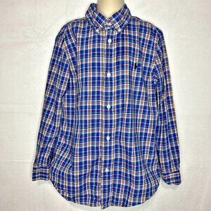 Ralph Lauren Boys Tops Button Down Shirt 7 Blue Plaid Cotton Pony Logo